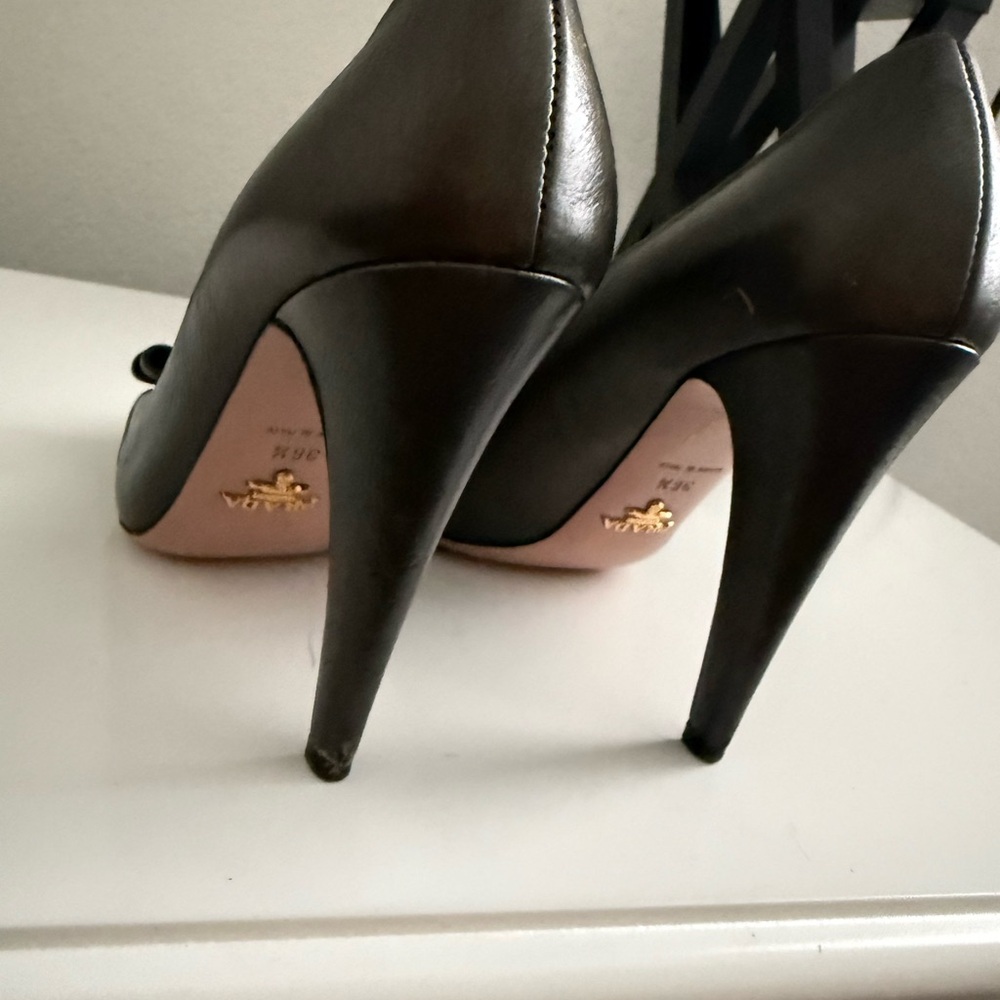 Prada Dark Brown Leather Peep-Toe Heels - Picture 6 of 7